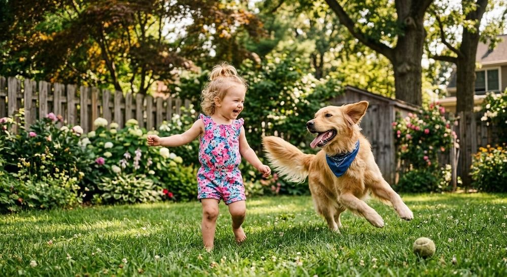 dog and kid playing in yard
