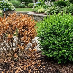 dying boxwood bush next to a healthy boxwood_crop_535_535